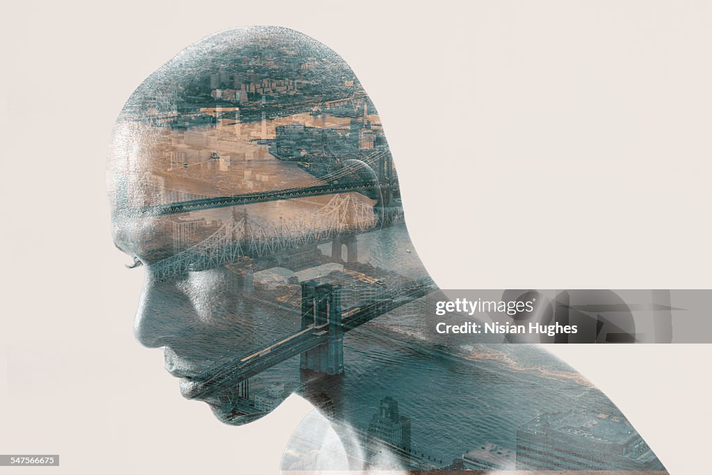 Double exposure portrait of man