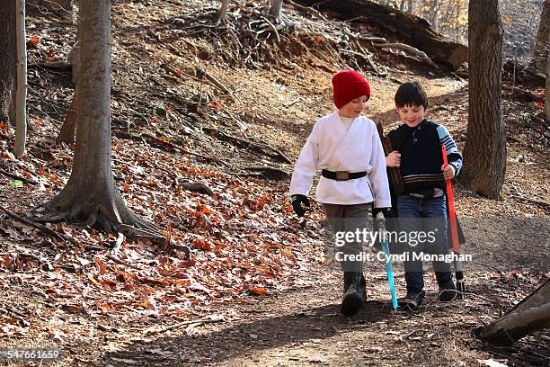 best friends walking in the woods - light saber stock pictures, royalty-free photos & images