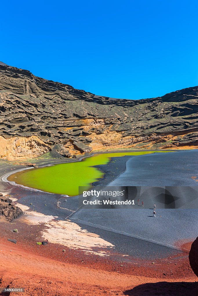 Spain, Canary Islands, Lanzarote, El Golfo, Charco de los Clicos, Montana de Golfo, green lagoon