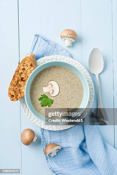 creme of mushroom soup in light blue soup bowl, baguette slice - soup bowl stock pictures, royalty-free photos & images