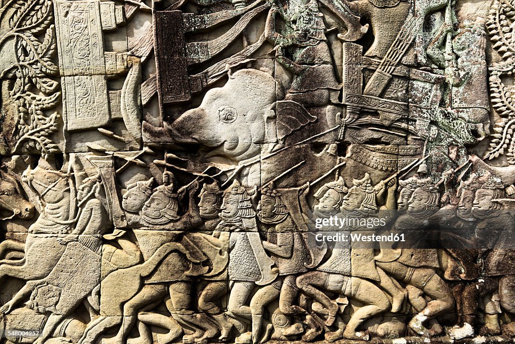 Cambodia, Angkor, Bayon Temple, stone carving