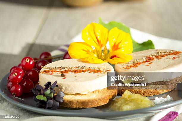 dish of spiced foie gras on toast - foie gras photos et images de collection