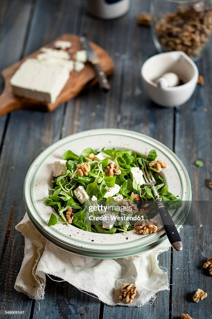 Dish of lamb's lettuce, Valerianella locusta, with walnuts and feta