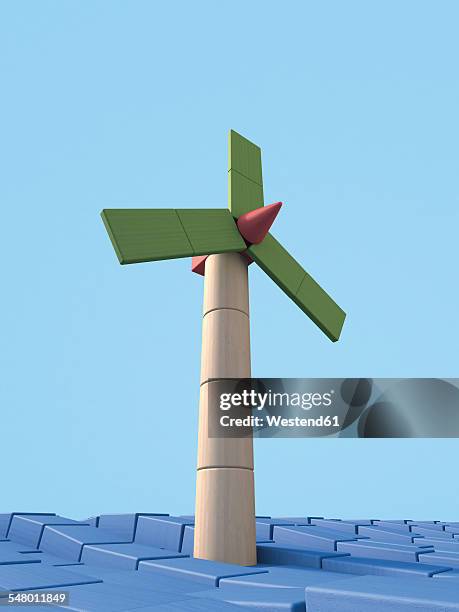 offshore wind wheel made of building bricks, 3d rendering - wind farm sea stock illustrations