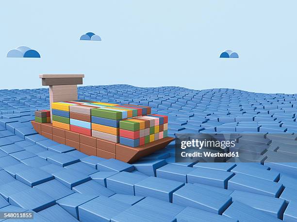 shipping container ship made of building bricks, 3d rendering - container ship stock illustrations