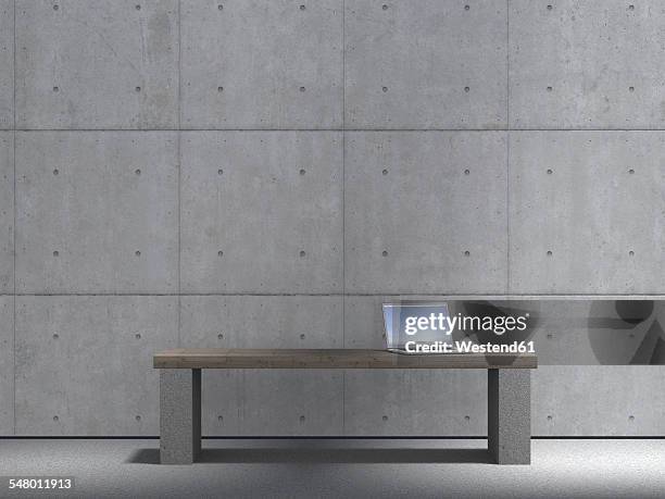 laptop standing on bench in front of concrete wall, 3d rendering - concrete wall stock illustrations