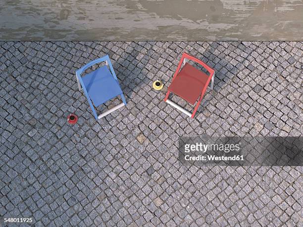 two folding chairs and cups of coffee on pavement at courtyard, 3d rendering - klappstuhl stock-grafiken, -clipart, -cartoons und -symbole