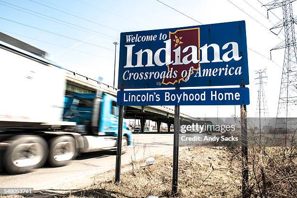 welcome to indiana highway sign - indiana-welcome-sign stock pictures, royalty-free photos & images