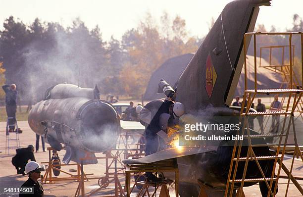 Military MIG-21 jets of the GDR's National People's Army that were supposed to be destroyed;