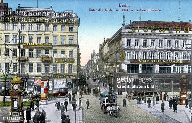 Ecke Friedrichstrasse, Blickrichtung Norden mit Pferdebahn, Litfaßsäule, Uhrenturm Victoria Cafe Postkarte, koloriert vor 1910