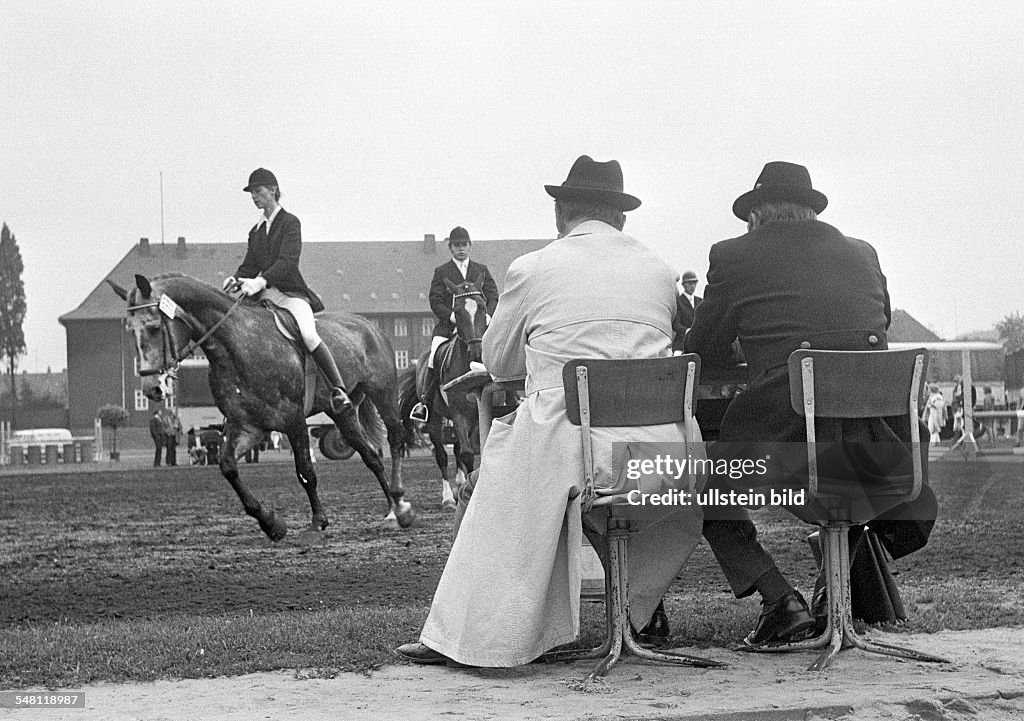 Sports, equestrianism, horse show 1974 in Bottrop, dressage riding, horse and rider are examined by the judges, D-Bottrop, Ruhr area, North Rhine-Westphalia - 15.07.1974