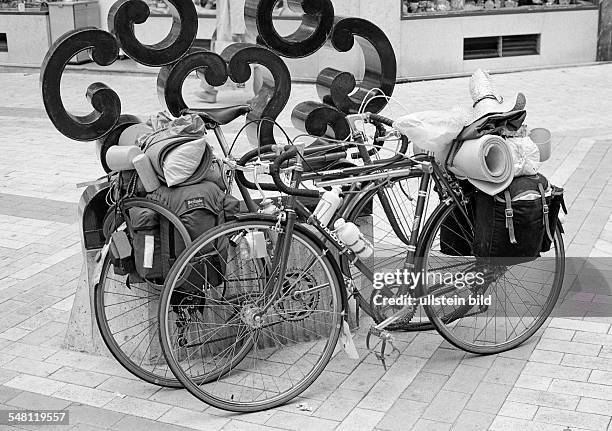 Holidays, travel, two bicycles packed with luggage stand side by side, France, Loire Valley, Loir-et-Cher, Blois -