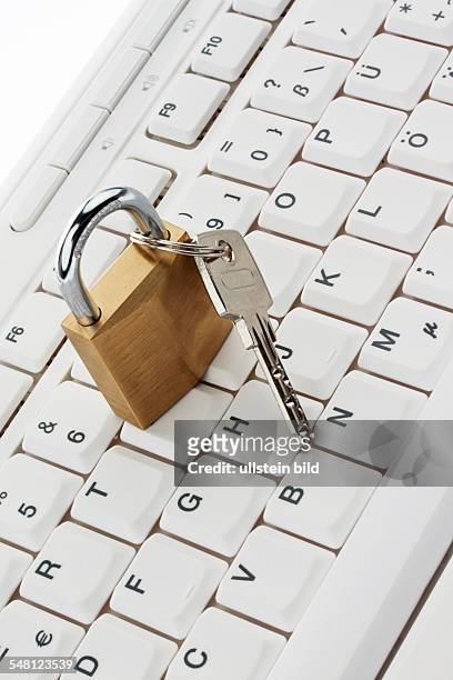 Symbolic photo saving data, lock and key on a keyboard