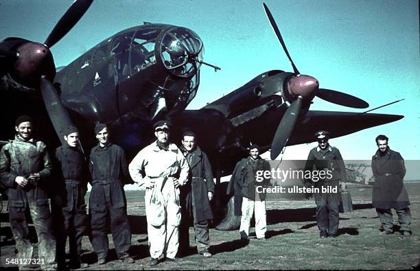 Libya Banghazi Benghazi : World War II Crew of the German bomber Heinkel He - 111 and ground staff at the airport in Bengasi; in the background...