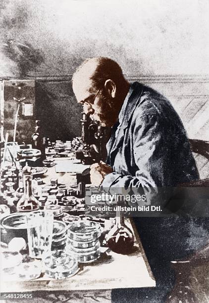 Robert Koch *11.12.1843-+ Scientist, physician, bacteriologist, Germany - portrait of Koch in his lab - undated Digitally colorized. Original: image...