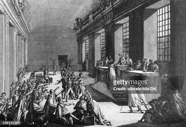 Der Staatsstreich vom 18. Brumaire . Das Direktorium wird aufgelöst Napoléon Bonaparte wird als Erster Konsul zum Alleinherrscher. Stich von Schleich...