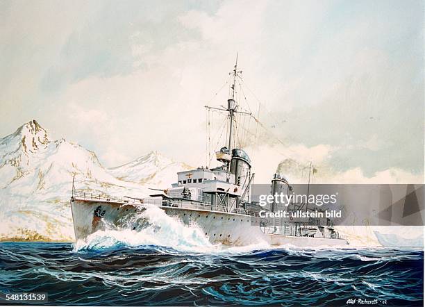 Paintings of World War II German destroyer Erich Koellner in the Narvik Fjord pursuing British units - gouache by Olaf Rahardt 2002 - Photographer:...