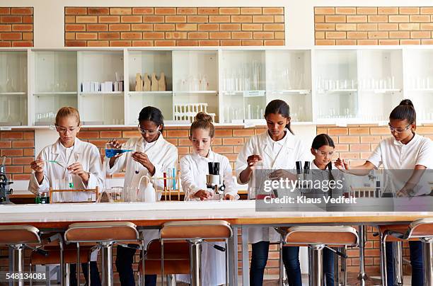 schoolgirls doing science experiments with liquids - expérience scientifique scolaire photos et images de collection