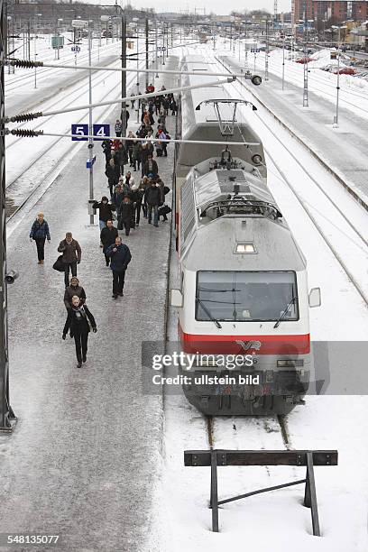 Finland Turku Turku - train at the railway station in winter