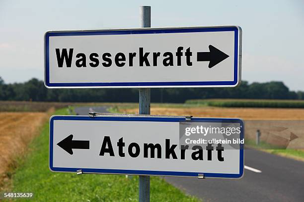 Direction signs in opposite directions nuclear power and hydro-electric power