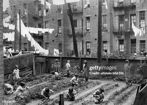 New York, New York City:: Street children receiving a piece of garden for cultivation - 1929 - Photographer: Hiram Myers - Published by: 'Uhu'...