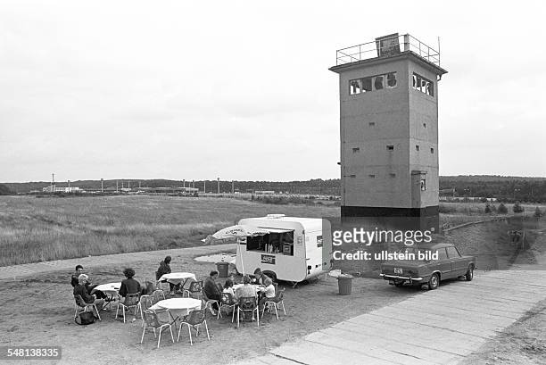 German Democratic Republic Bezirk Magdeburg - The border crossing between the two German states. Snack trailer and inactive watch tower.