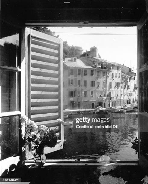 Italy Liguria Portofino: View out of a window of the port of Portofino - 1941 - Photographer: Regine Relang - Published by: 'Die Dame' 9/1941 Vintage...
