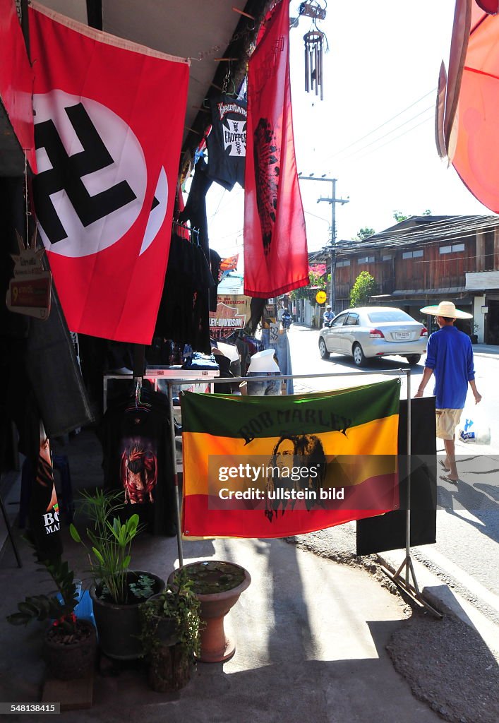 Thailand Chiang Mai Borsang (Bo Sang) - street vendor is selling flags with swastika