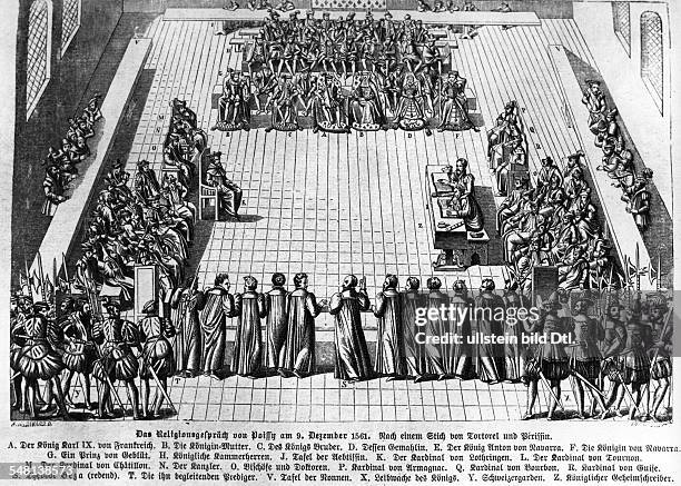 Religionsgespräch von Poissy am 9.12.1561: A: König Karl IX.v. Frkr; B:Königin-Mutter; C: Des Königs Bruder;D: dessen Gemahlin; E: König Anton von...