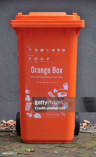Germany Berlin - Orange Box for recyclable fractions of the BSR city cleaning service