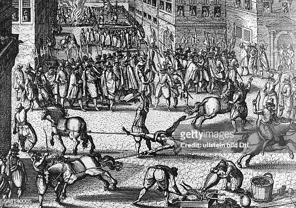 Geschichte Frankreich: Hinrichtung des Moerders von Koenig Heinrich IV., Francois Ravaillac, durch oeffentliches Vierteilen im Jahre 1610 -...