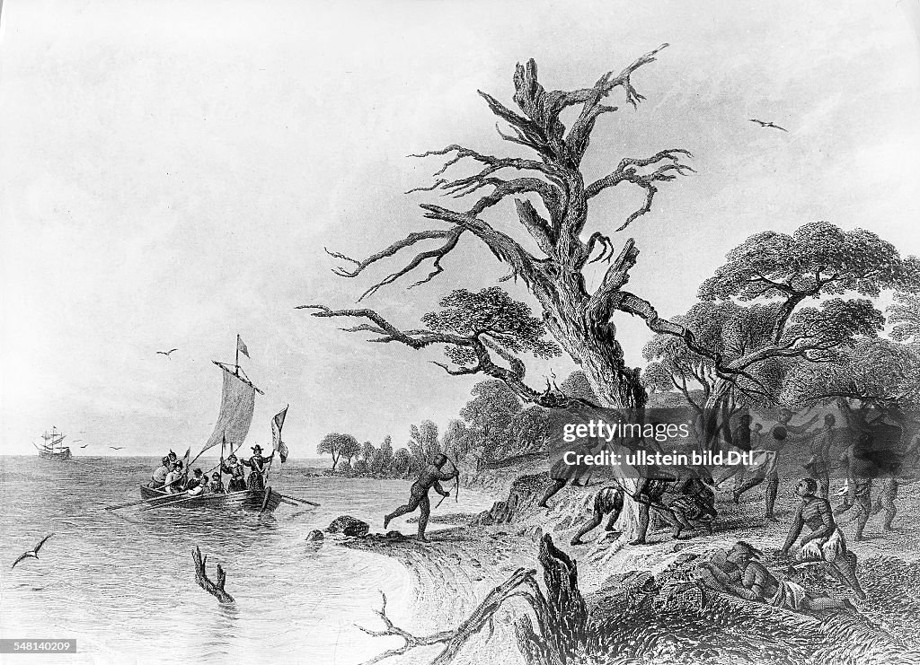 History USA/Canada/France: Jean Nicolet in search for a sea route to china, commissioned by the governor of new-france, Samuel Champlain, As first white man he arrives in the region of Wisconsin . Encounter with Winnebago indians at Green Bay, Lake M