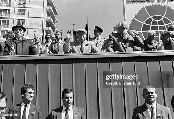 German Democratic Republic Bezirk Berlin East Berlin - first may rally at Karl-Marx-Allee; on the tribune Erich Mueckenberger and Guenther Mittag ;...