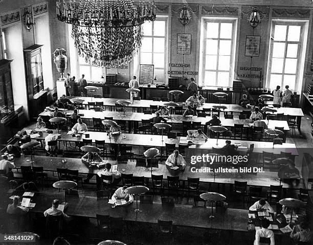Soviet Union Russian SFSR Moscow: View into the reading room of the Moscow University Library - around 1925 - Photographer: James E. Abbe - Vintage...