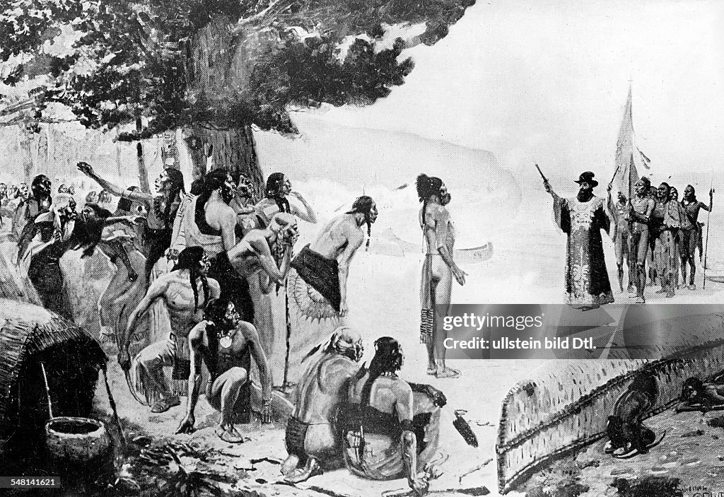 History USA/Canada/France: Jean Nicolet in search for a sea route to china, commissioned by the governor of new-france, Samuel Champlain, As first white man he arrives in the region of Wisconsin . Encounter with Winnebago indians at Green Bay, Lake M
