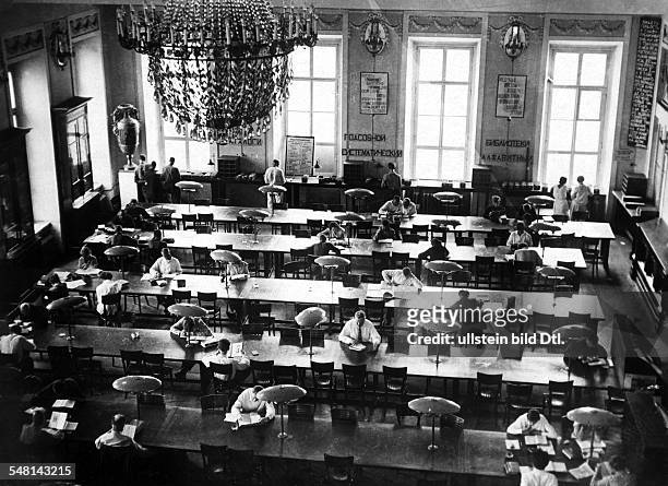 Soviet Union Russian SFSR Moscow: View into the reading room of the Moscow University Library - around 1925 - Photographer: James E. Abbe - Vintage...