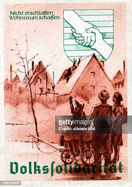 German Democratic Republic - postcard of the so called " Volkssolidaritaet " welfare organization, 1948 stop worries - appeal for build up housing...