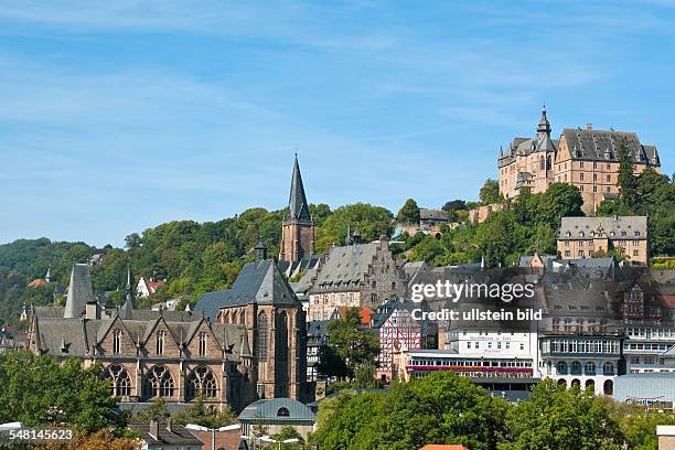 Germany Hesse Marburg - view on "Marburg an der Lahn", the university "Alte Universitaet" , the castle "Landgrafenschloss" on the "Schlossberg" , the...