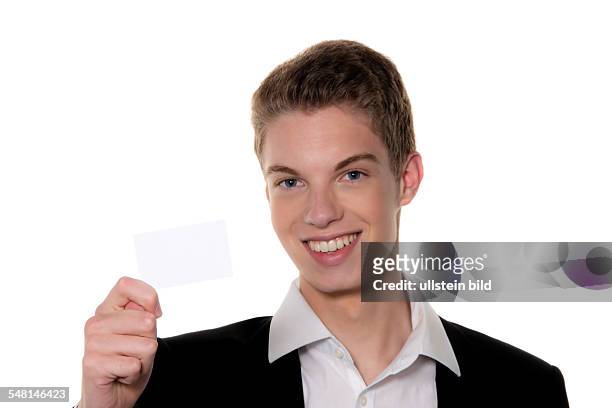 Young employee, apprentice, business man with blank business card - 2010