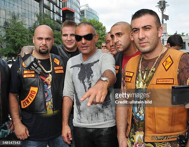 Audigier, Christian - Fashion Designer, Entrepreneur, France - arriving to the Fashion Week in Berlin, with members of motorcycle club "Bandidos"