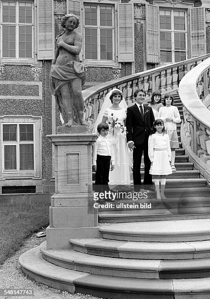 People, marriage, bridal couple posing with children on a stairs, aged 25 to 30 years, aged 8 to 12 years, D-Rastatt, D-Rastatt-Foerch, Upper Rhine,...