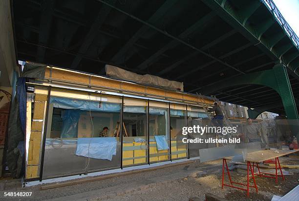 Germany Berlin Prenzlauer Berg - new building of the traditional snack bar Konnopke at the old location under the subway station Schoenhauser Allee -