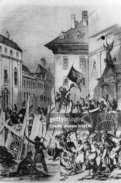 Zweiter Aufstand in Wien nach der allgemeinen Ablehnung der vom Hofe vorgelegten Verfassung: Barrikade am Michaeler Platz. Mai 1848 zeitg. Illustr.