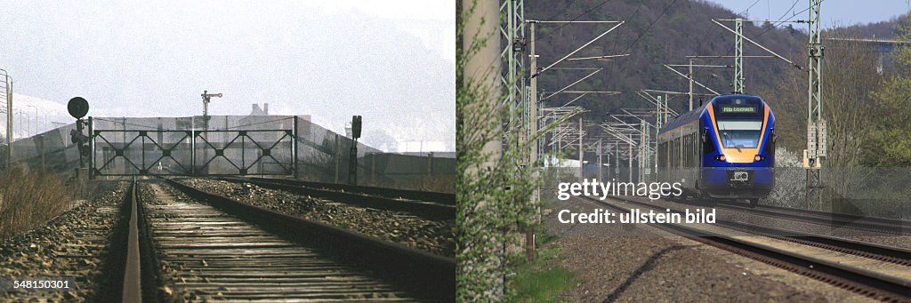 Germany Hesse - left: the iron curtain: former railway line near Wartha (Thuringia, GDR) and Herleshausen - 1984 right: regional train at the railway line near Wartha (Thuringia) and Herleshausen, former the line of the border between GDR and FRG - 2