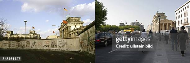 Germany Berlin Tiergarten - left: the wall at Ebertstrasse; in the background the Brandenburg Gate right: traffic at Ebertstrasse near Brandenburg...