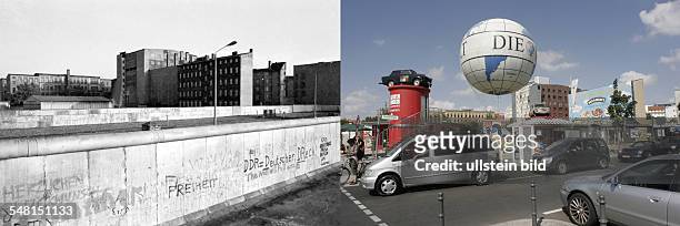 Germany Berlin - left: Kreuzberg - the wall at Zimmerstrasse / Wilhelmstrasse - 1982 right: Zimmerstrasse / Wilhelmstrasse - 2009...
