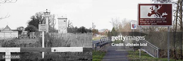 Germany Lower Saxony - left: the iron curtain between Hanum , GDR and Zasenbeck - 1982 right: sign for remember the iron curtain between the GDR and...