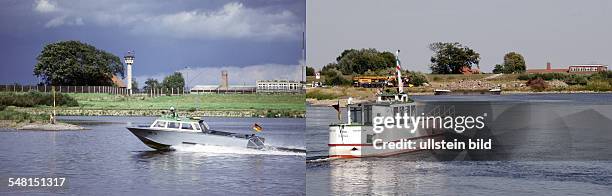 Germany Lower Saxony - left: The Iron Curtain and a GDR patrol boat on the Elbe river near Hitzacker and Bitter - 1984 right: ferry boat on the Elbe...