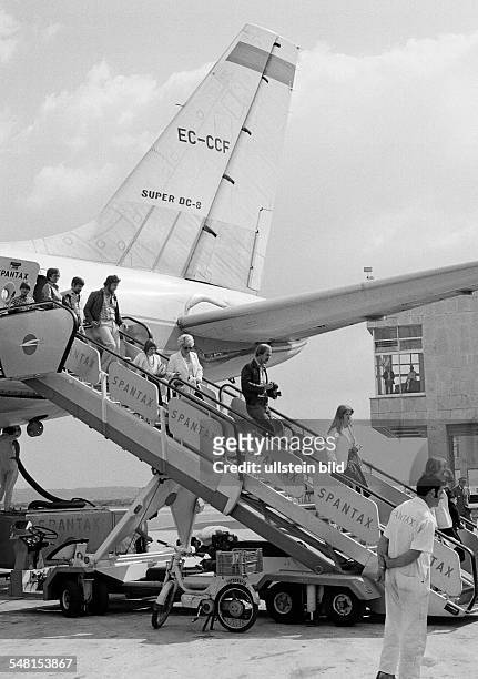 Airport Palma de Majorca, airline passengers leave the airplane of the airline Spantax, Spain, Balearic Islands, Majorca, Palma de Majorca -