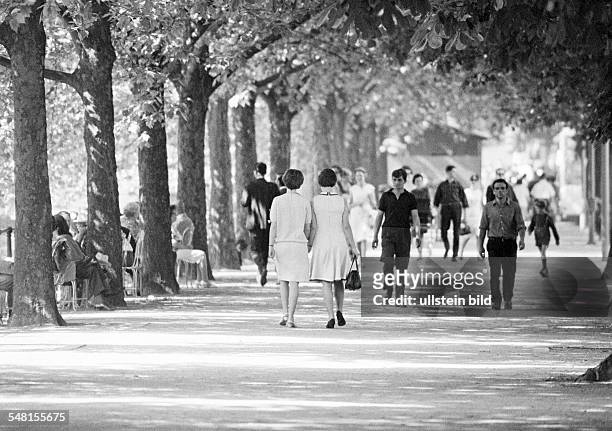 People, women and men on the tree-lined road Koenigsallee, avenue, promenade, freetime, springtime, D-Duesseldorf, Rhine, North Rhine-Westphalia -